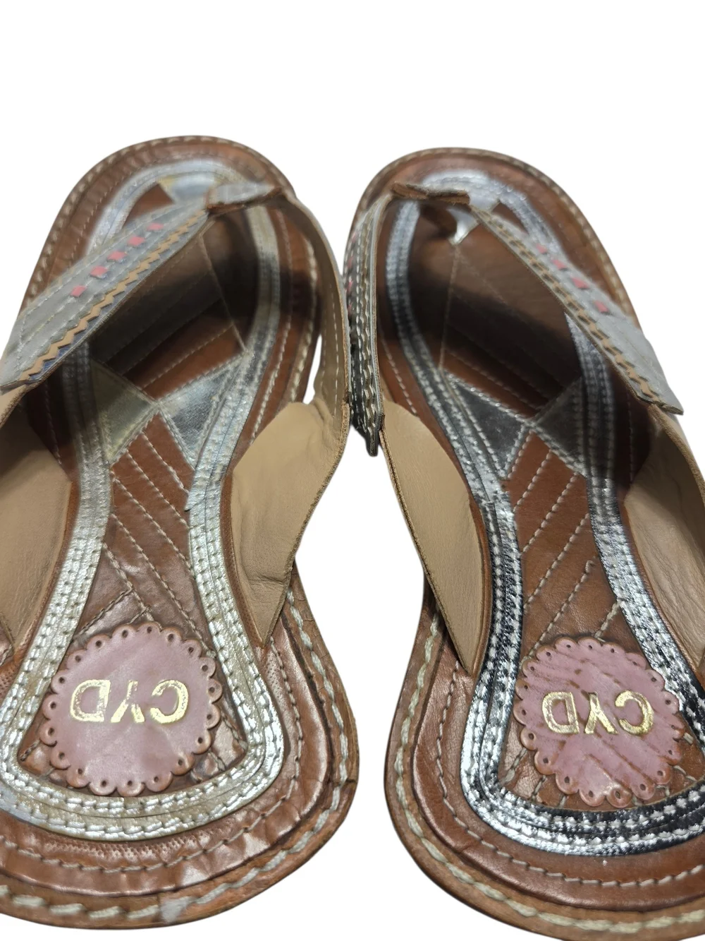 Cydney Mandel Gilt Laser Cut Sunset Sandals with Turquoise/Orange accents Size 9
